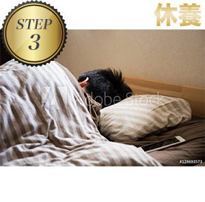 Step3 休養
                            無理にトレーニングせずしっかりと休養や睡眠をとる